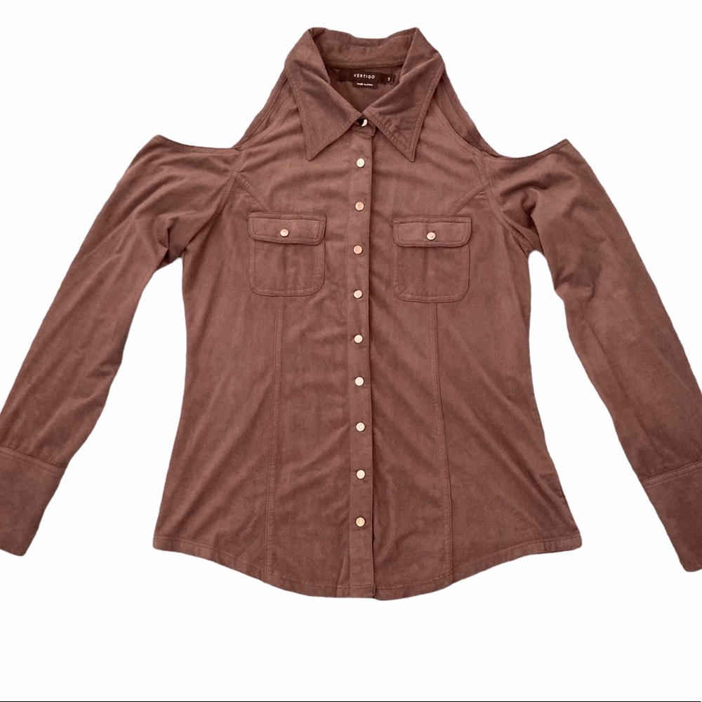 Vertigo Suede Cold Shoulder Button Front Top Grey… - image 3